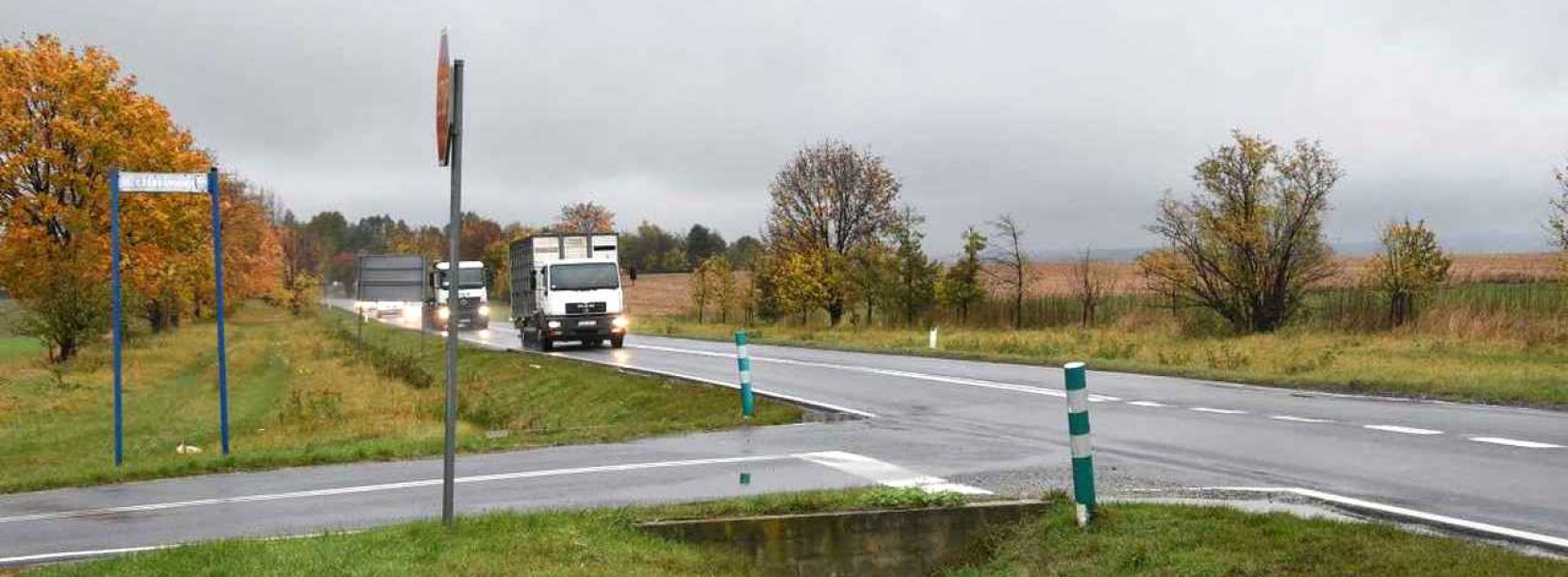 Dwa ciężarowe auta jadęce drogą, dookoła pola i kilka drzew