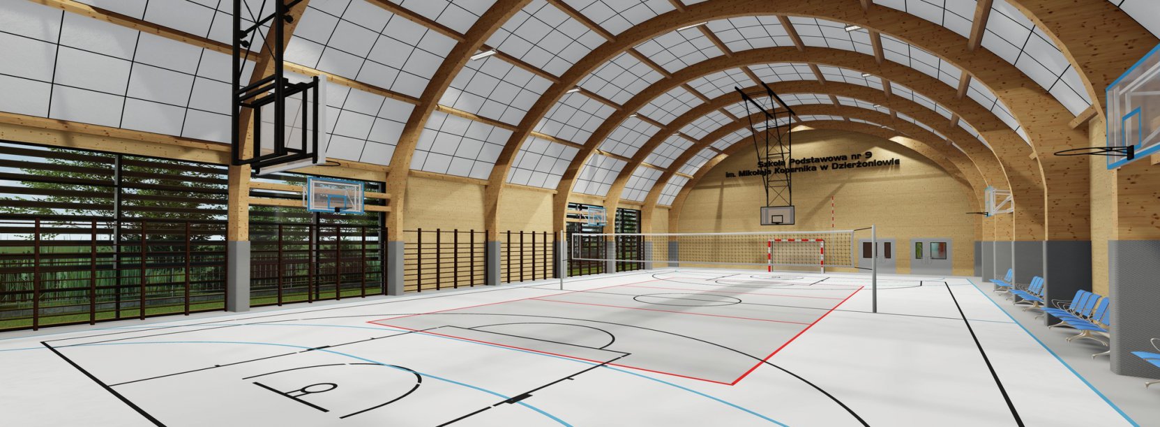 Wnętrze hali sportowej owalnym dachem i białym parkietem