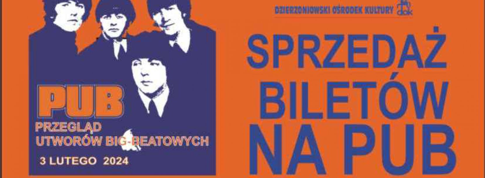 Grafika z pomarańczowym tłem, zdjęciem Beatlesów i napisem sprzedaż biletów