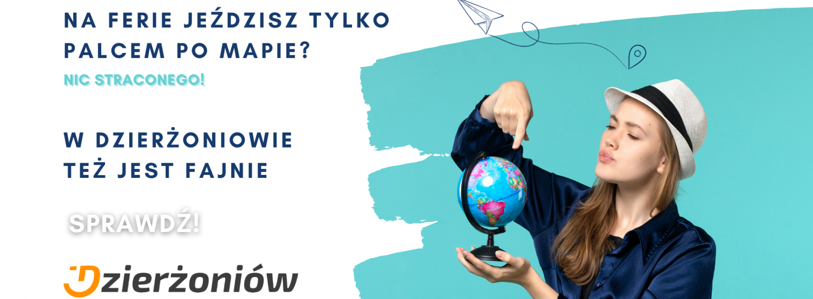 Młoda dziewczyna trzymająca w jednej ręce mały globus, druga ręką wskazuje miejsce na globusie