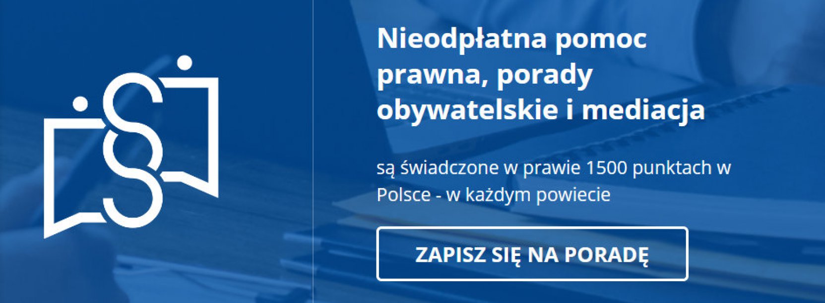 Grafika z niebieskim tłem i napisem Bezpłatna Pomoc Prawna