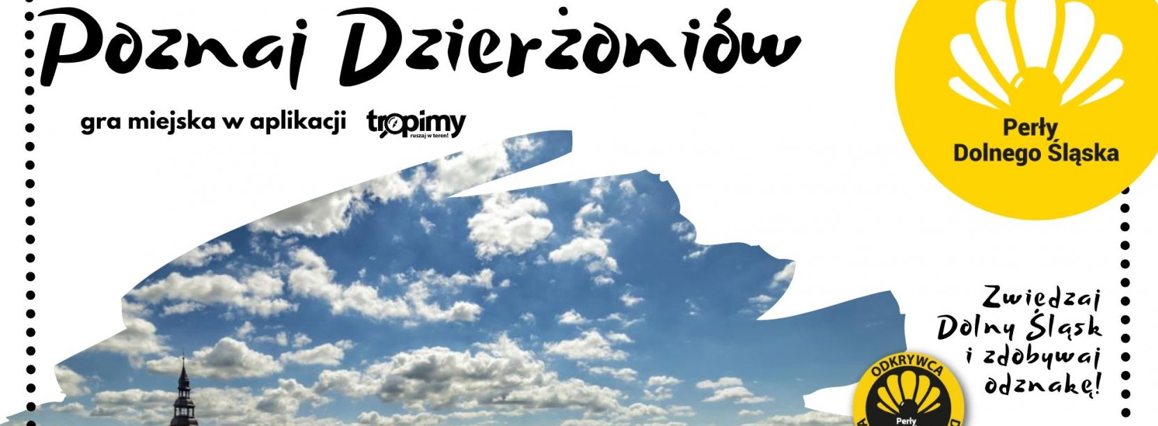 Grafika ze zdjęciem miasta z lotu ptaka, białym tłem i napisem Poznaj Dzierżoniów