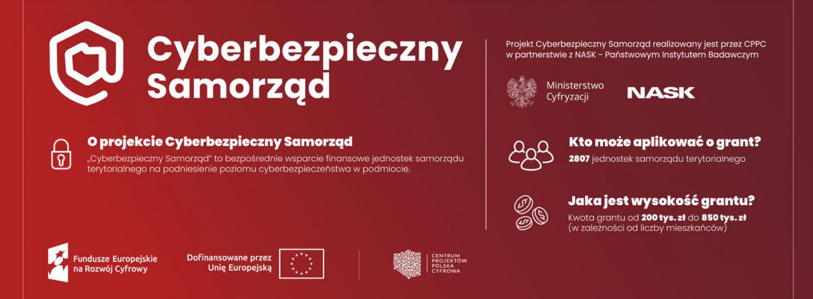 Grafika z bordowym tłem i napisem Cyberbezpieczny samorząd