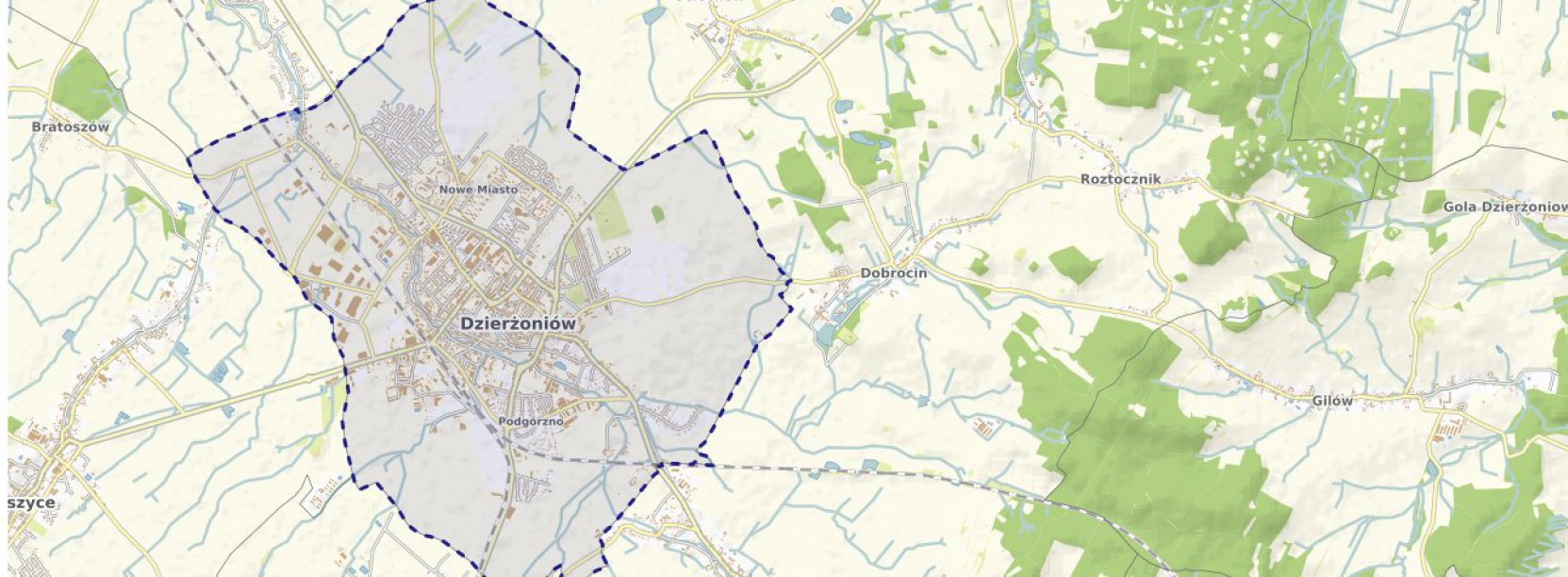 Mapa z obrysem granic Dzierżoniowa 