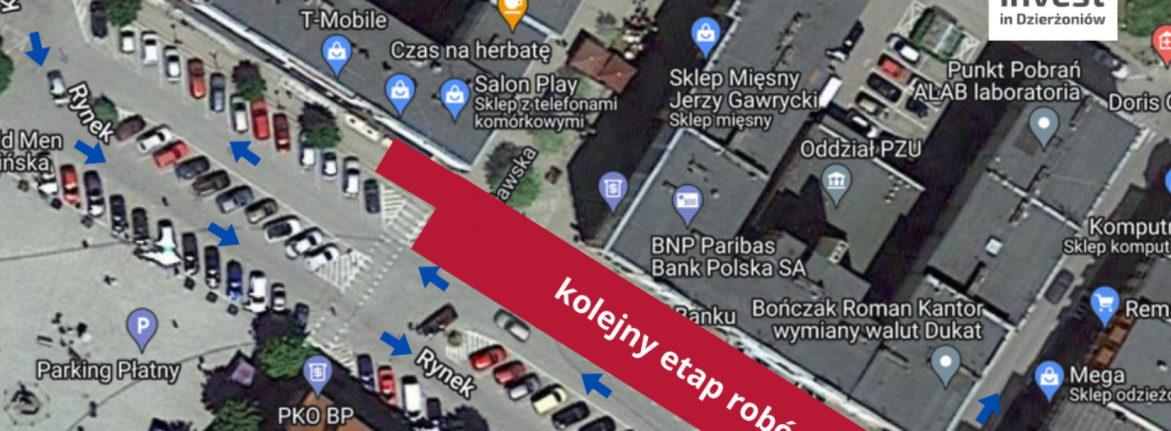 Fragment rynku z góry, część zaznaczona na czerowno i napis "kolejny etap"