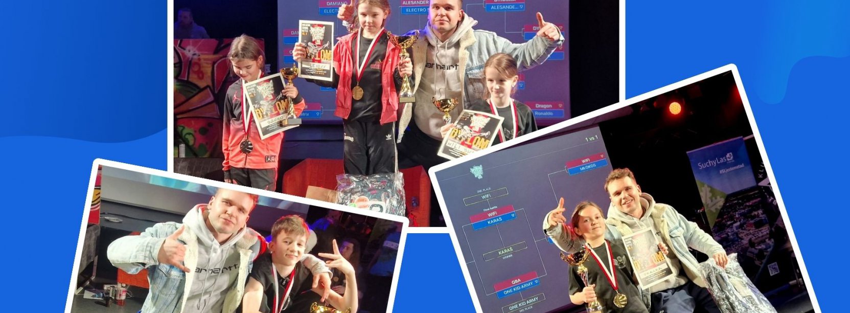 na niebieskim tle rozsypane trzy zdjęcia zawodników z trenerem, medalami i pucharami