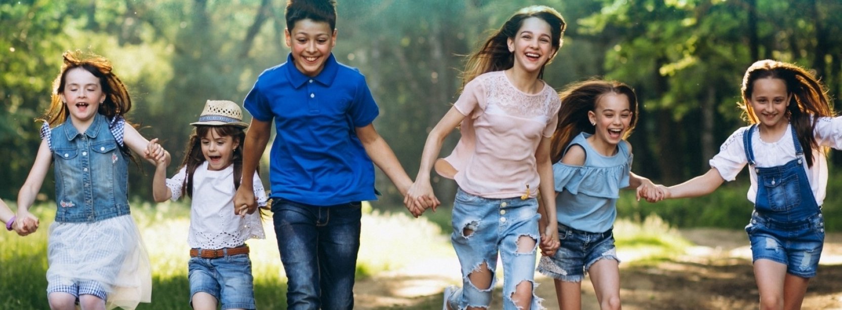 Grupka uśmiechniętych dzieci, trzymających się za ręce i idących przez leśną drogę