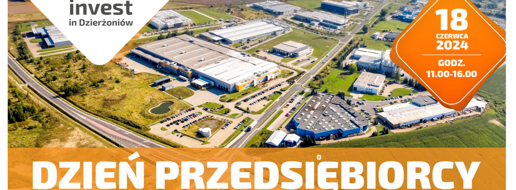 Grafika ze zdjędciem zakłądów przemysłowych z góry i napis Dzień Przedsiebiorcy