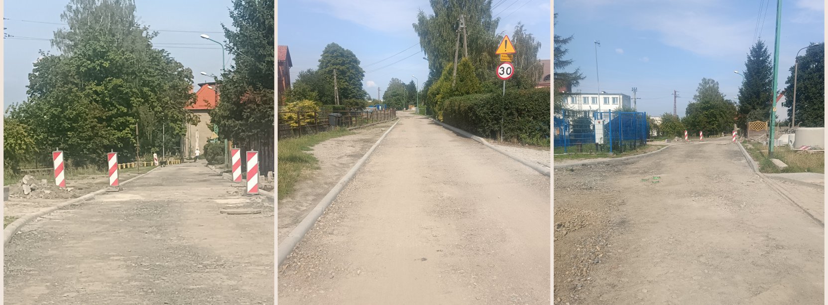 Kolaż trzech zdjęć drogi przygotowanej do wylania asfaltu