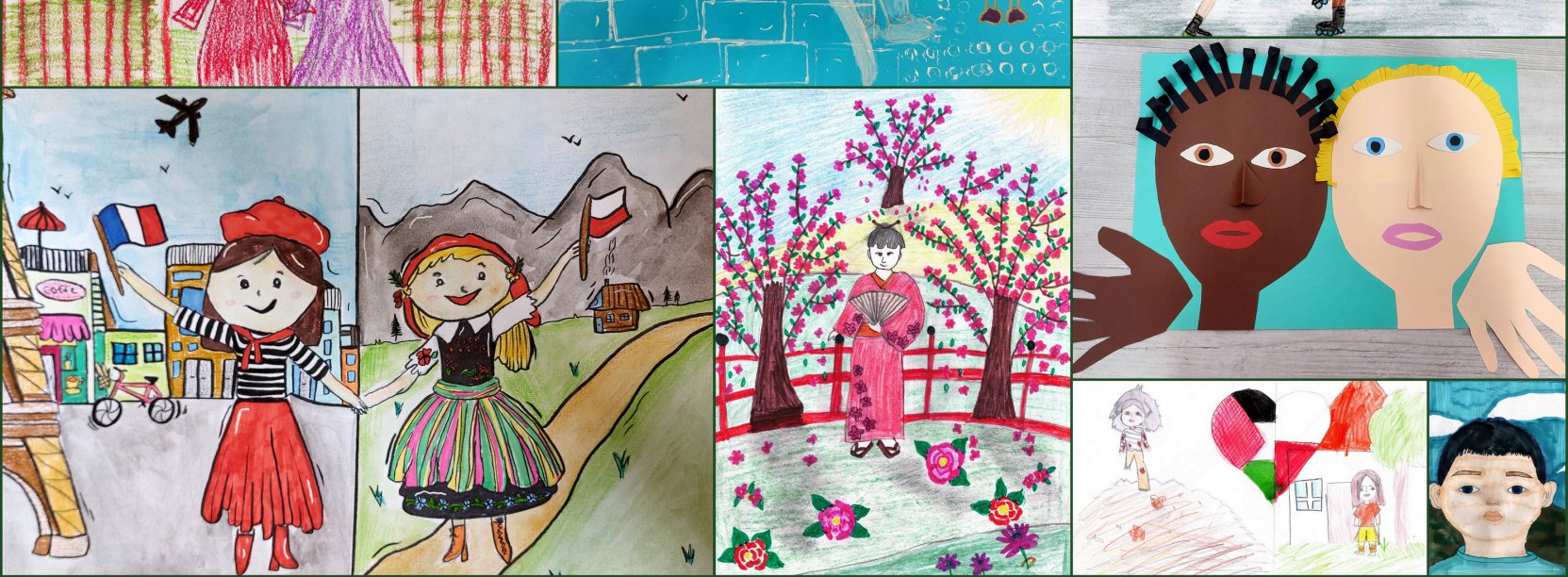 Kolaż djęć przedstawiające różne kolorowe rysunki wykonane przez uczniów