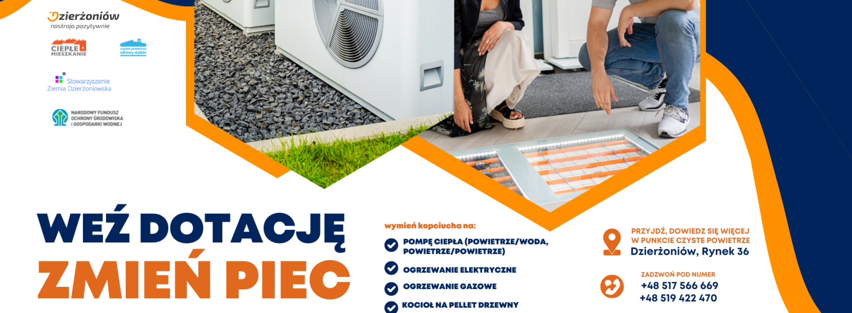 napis Weź dotację i zmień piec, obrazek z pompą ciepła i ogrzewaniem podłogowym, logotypy  