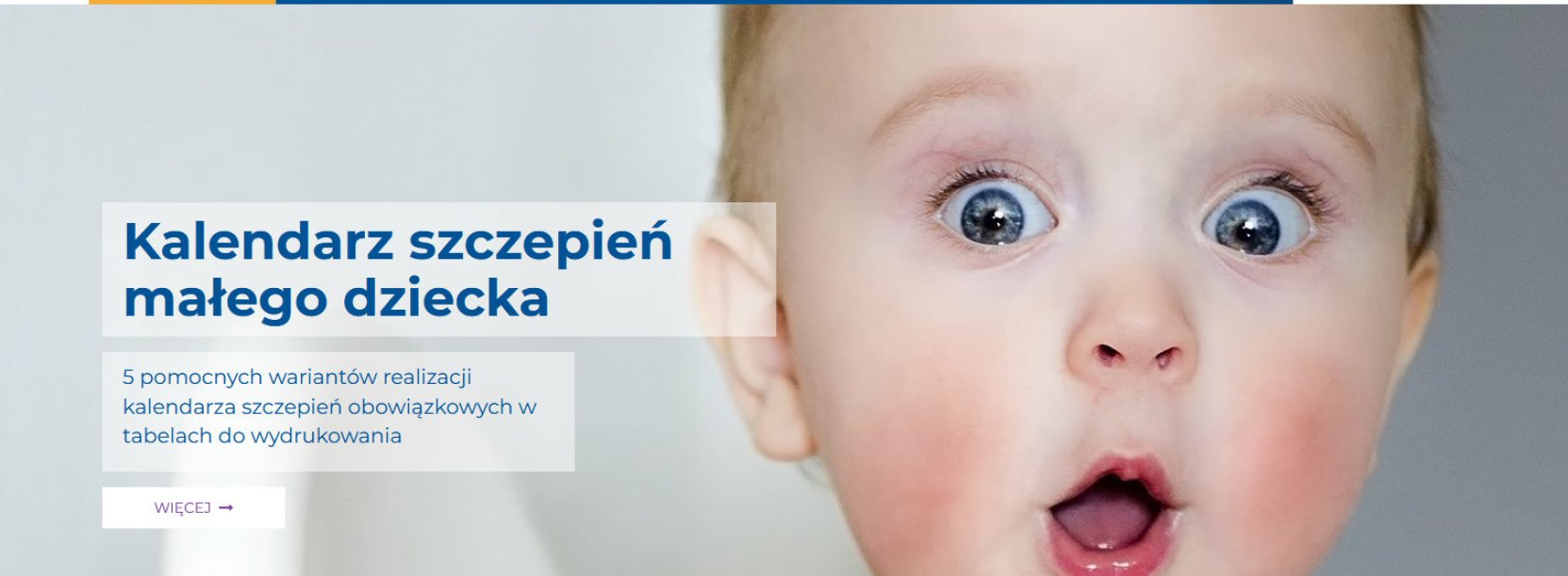 Małe dziecko z otwartą buzią i szeroko otwartymi oczami, obok napis Kalendarz szczepień małego dziecka