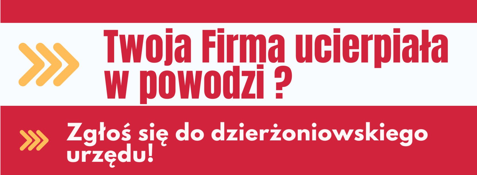 Grafika, czerwone tło, napis Twoja Firma ucierpiała w powodzi?