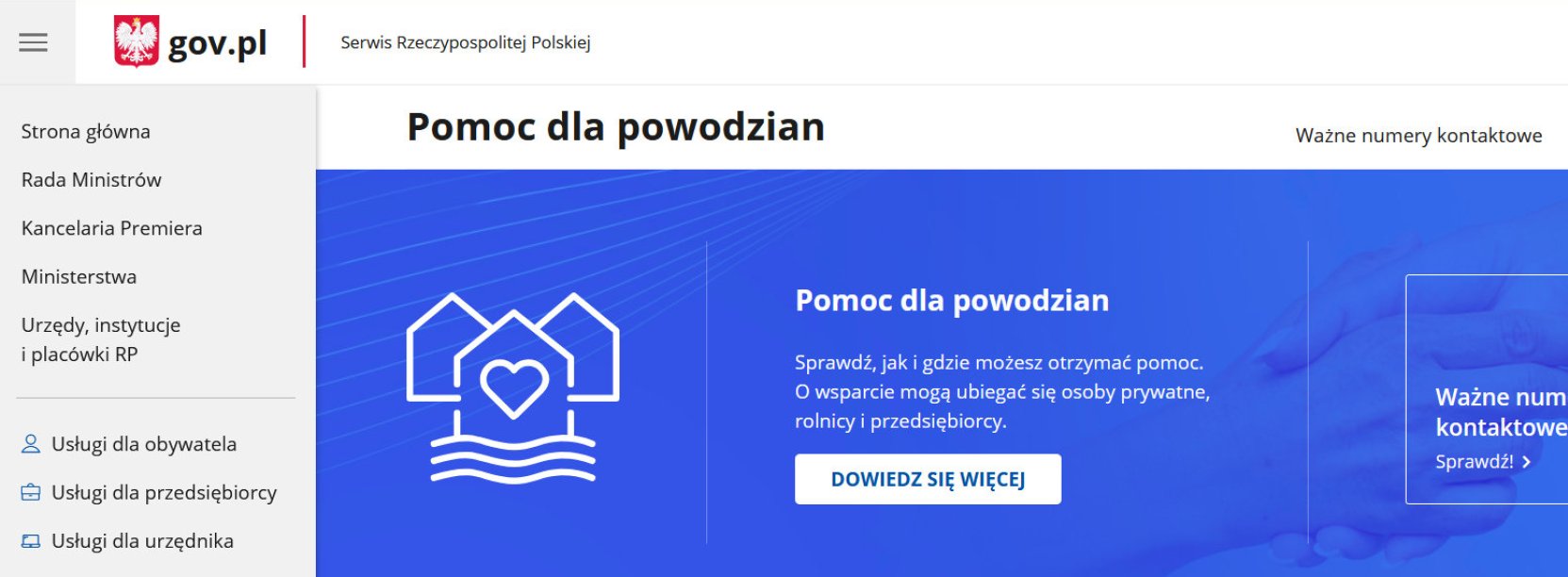 Fragment strony interenetowej z herbem Polski i napisem Pomoc dla powodzian