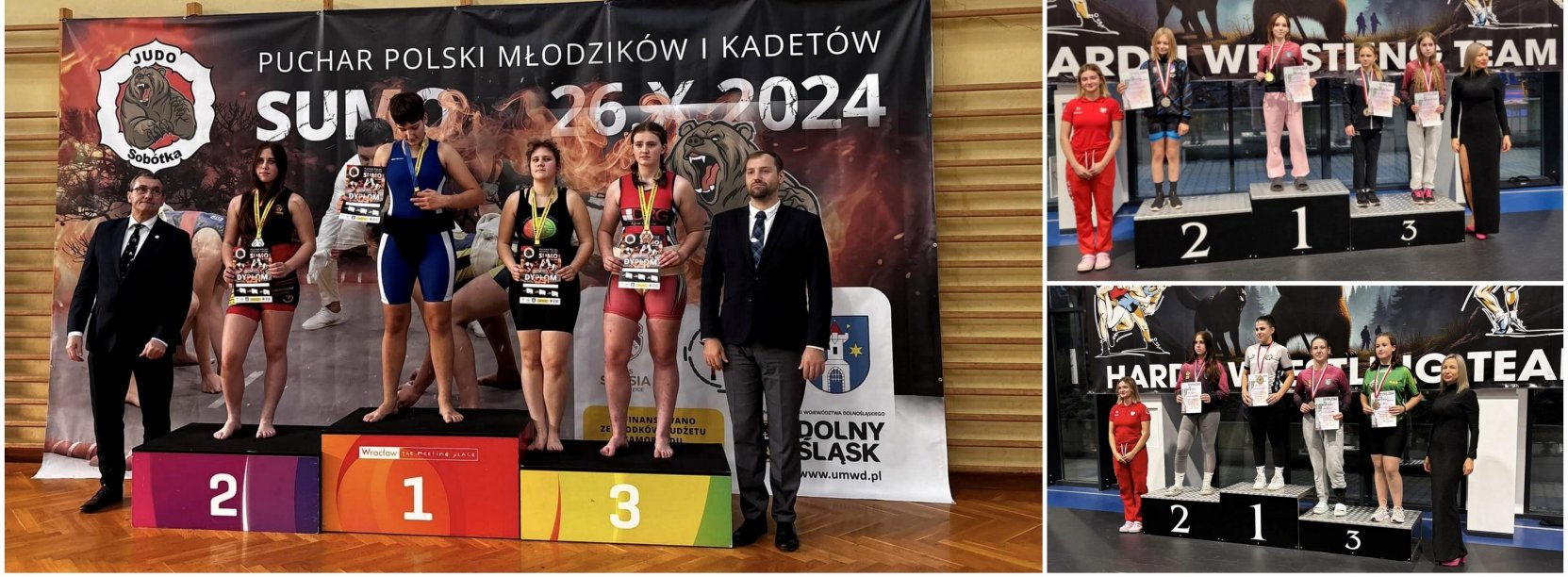 Kolaż zdjęć zawodników i zawodniczek stojących na podium