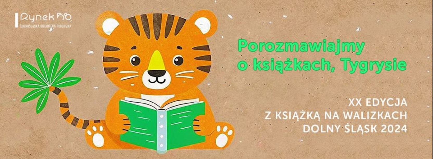 Grafika z rysunkiem tygryska czytającym książkę i napisem Porozmawiajmy o ksiązkach, Tygrysie