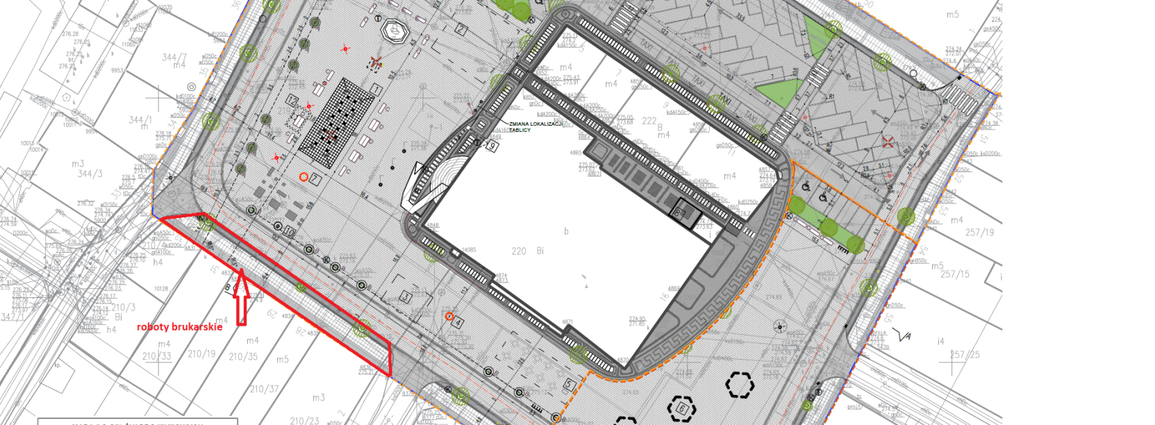 Projekt przebudowy rynku z zaznaczonym miejscem wykonywania prac