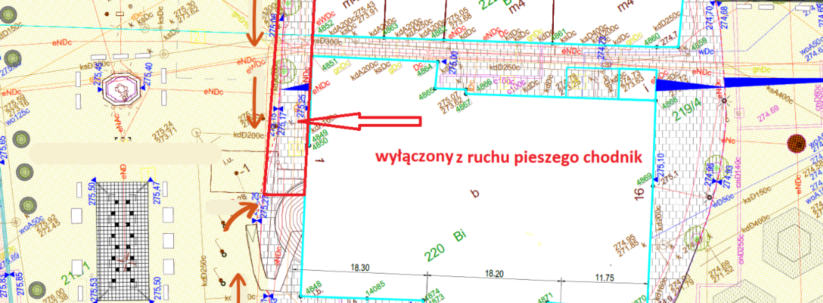 Wycinek mapy pokazujący Rynek Dzierżoniowa z zaznaczonymi obszarami na których prowadzone są prace remontowe