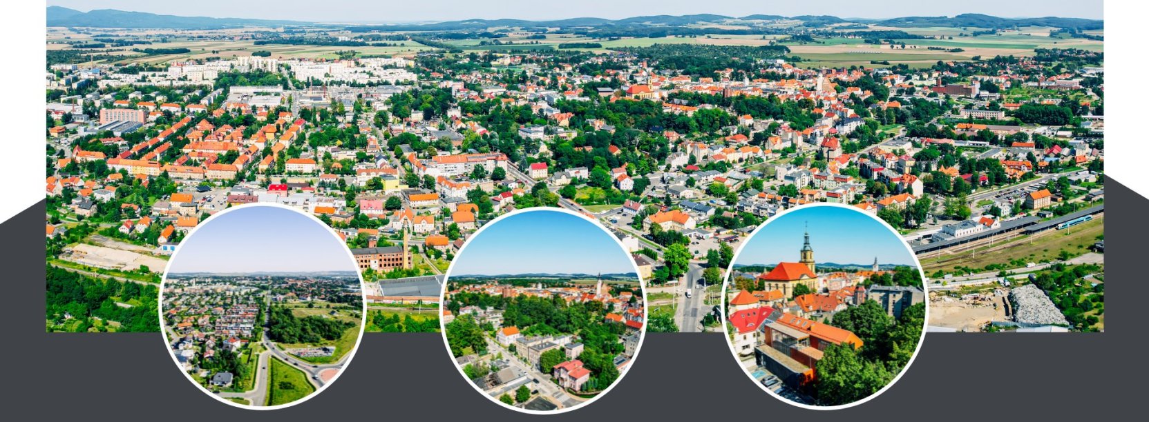 Grafika ozdobna ze zdjęciami Dzierżoniowa z lotu ptaka