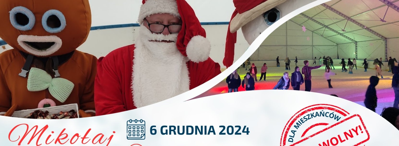 Grafika z mikołajem, lodowiskiem i informacją o spotkaniu z Mikołajem 6 grudnia na lodowisku w Dzierżoniowie