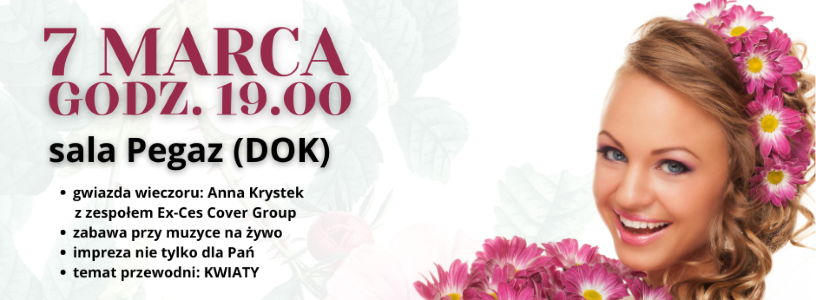 Grafika z napisem Kwiaty we włosach i treścia jak w informacji po prawej stronie młoda kobieta z różowymi kwiatami w dłoni i we włosach