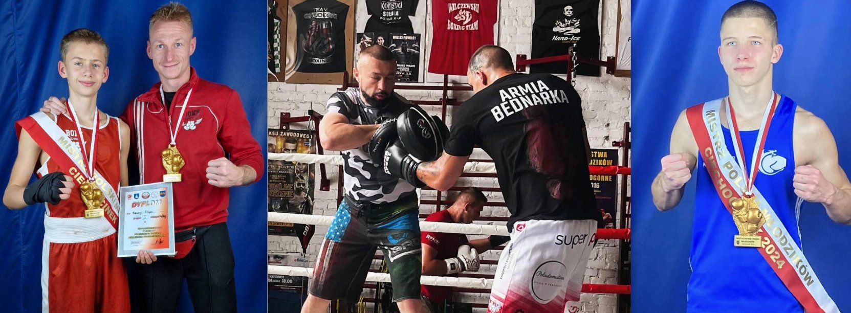 Kolaz zdjęć bokserów pozujących z medalami i podczas treningu