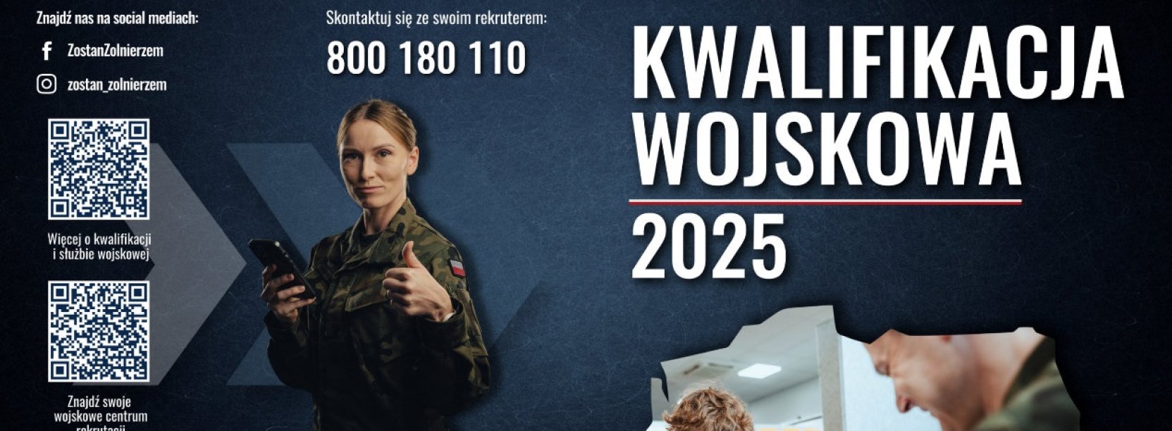 Żołnierka z uniesionym w góre kciukiem, obok napis Kwalifikacja Wojskowa
