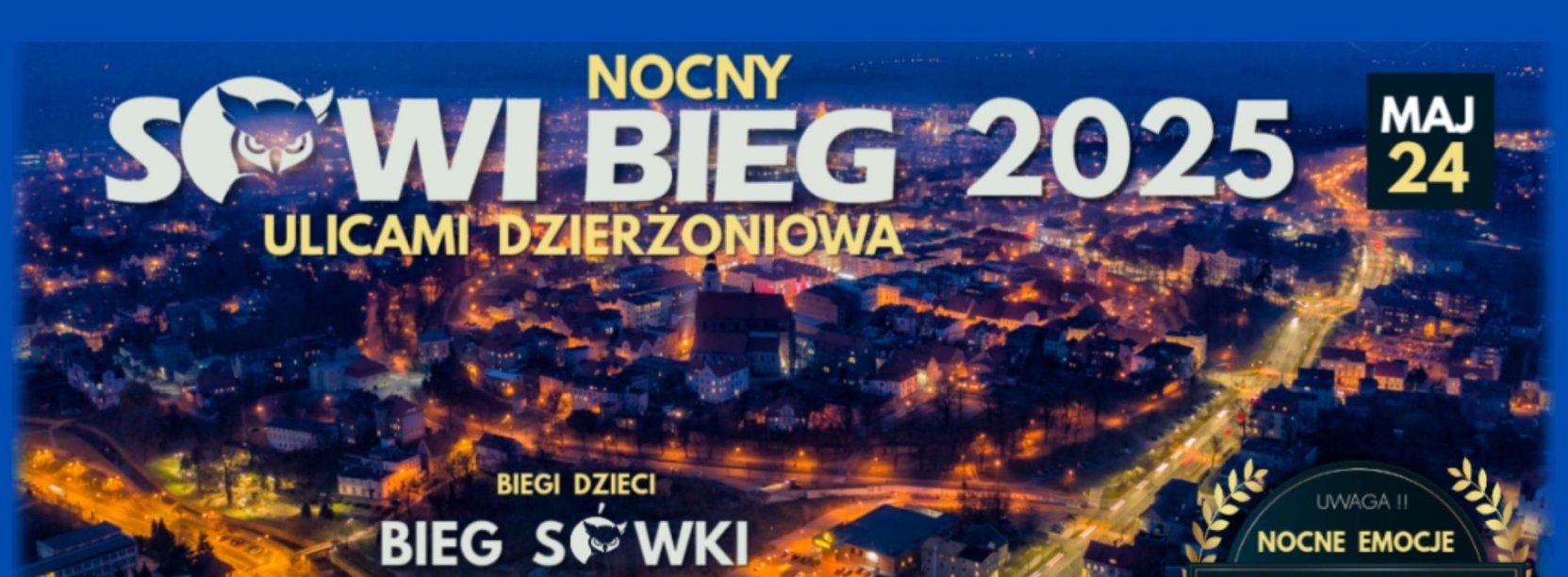 Dzierżoniów nocą z lotu ptaka i napis Sowi Bieg 2025