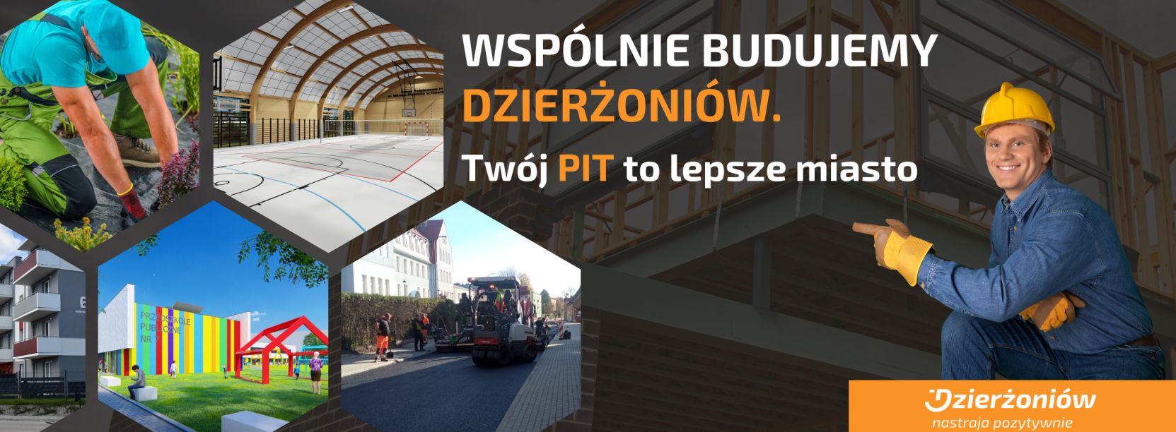 Kolorowe obrazki przedstawiające inwestycje w Dzierżoiowie, wskazuje na nie robotik budowlany, obok napis: Wspólnie budujemy Dzierżoniów. Twój PIT to lepsze miasto!