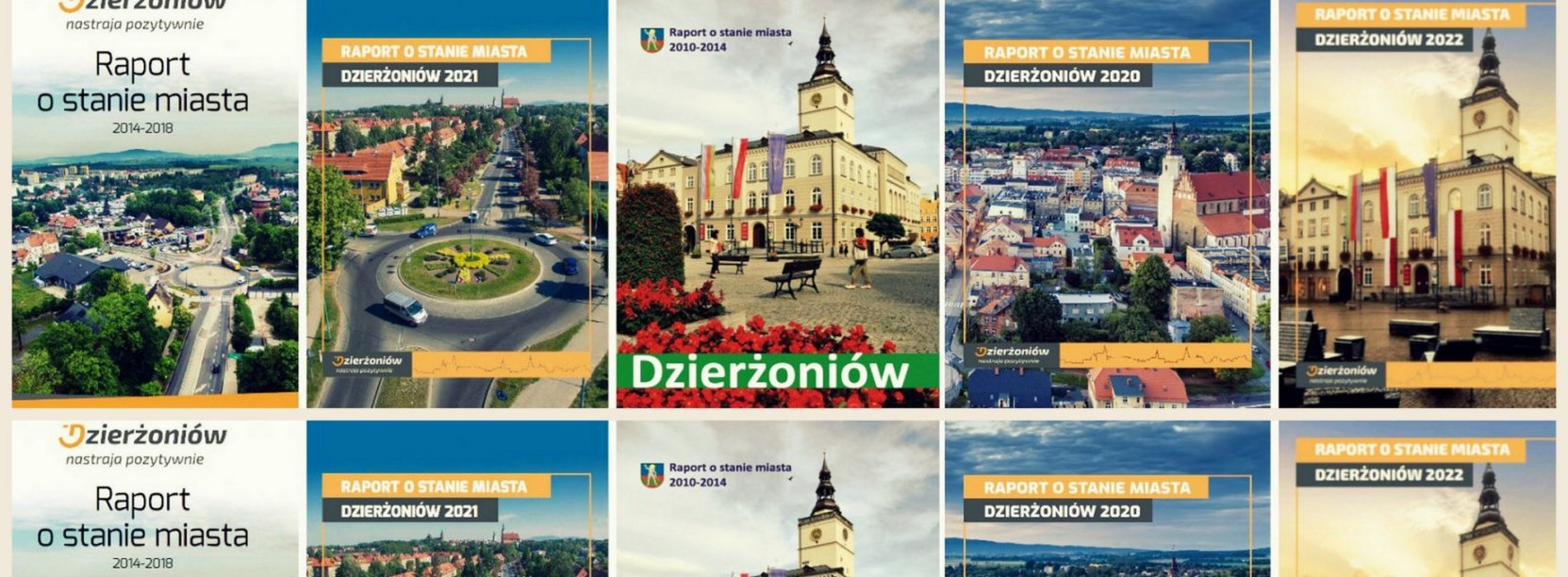 Kolaż okładek raportów o stanie miasta ze zdjęciami Dzierżoniowa
