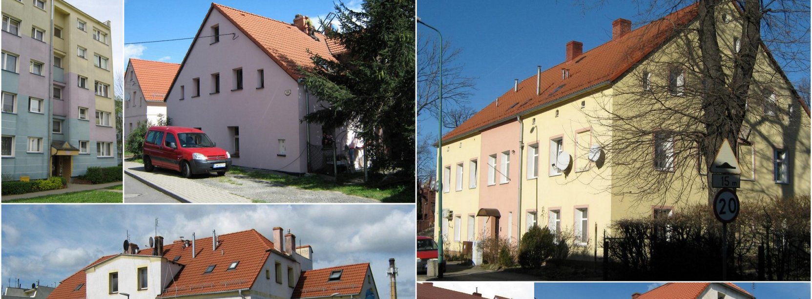Kolaż pięciu zdjęć budynków wystawionych do sprzedaży