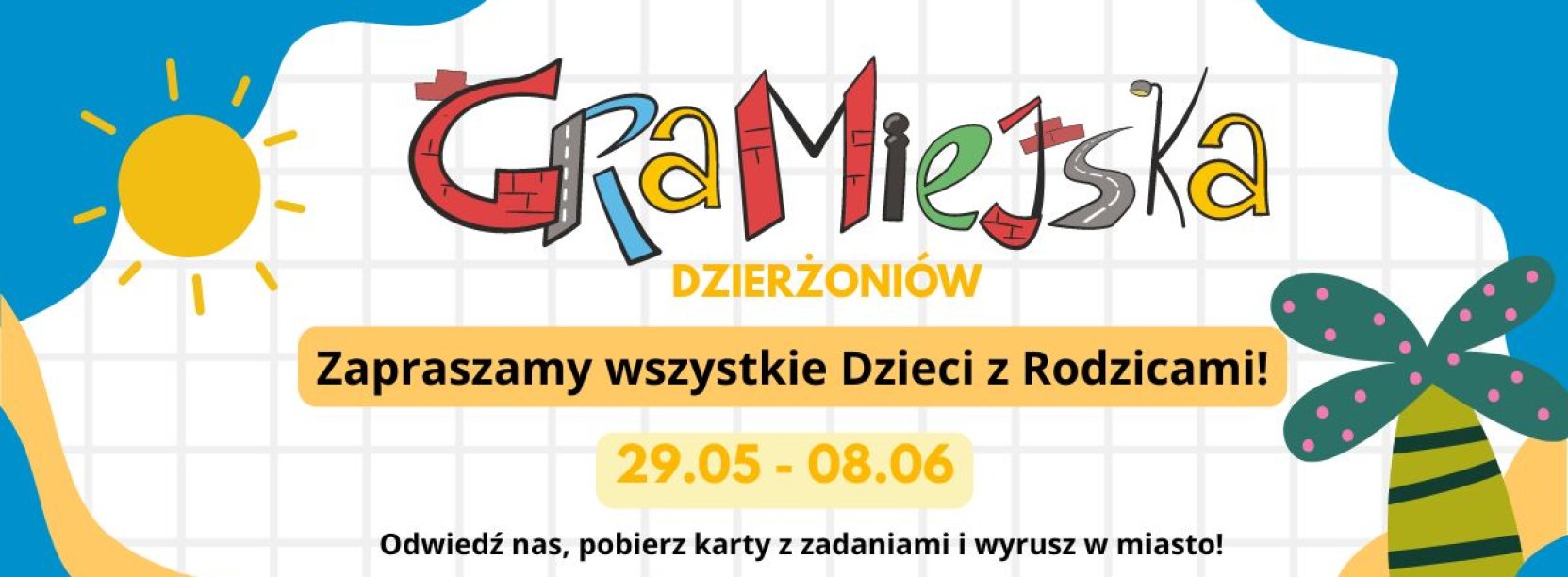 Element ozdobny - kolorowy napis Gra Miejska i informacje podane w tekście