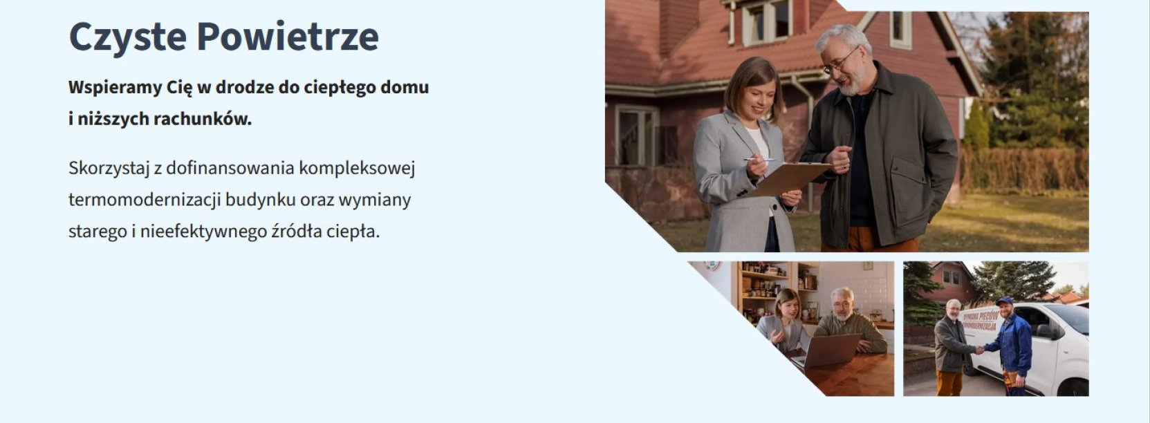 Napis czyste powietrze, obok zdjęcie kobiety z dokumentami w rękach i mężczyzny stojących przed domem