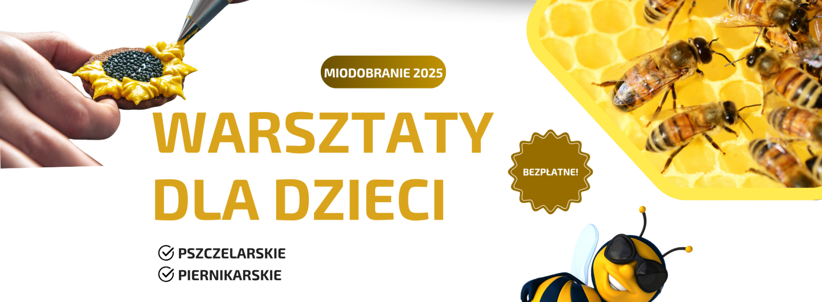 Grafika z pszczołą i miodem oraz piernikiem i napisem warstzty dla dzieci miodobranie 2025