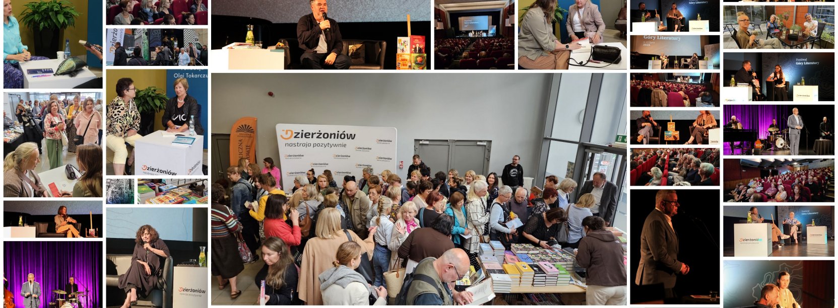 Kolaż zdjęc zxe spotkań autorskich w Dzierżoniowie w ramach Festiwalu Góry Literatury