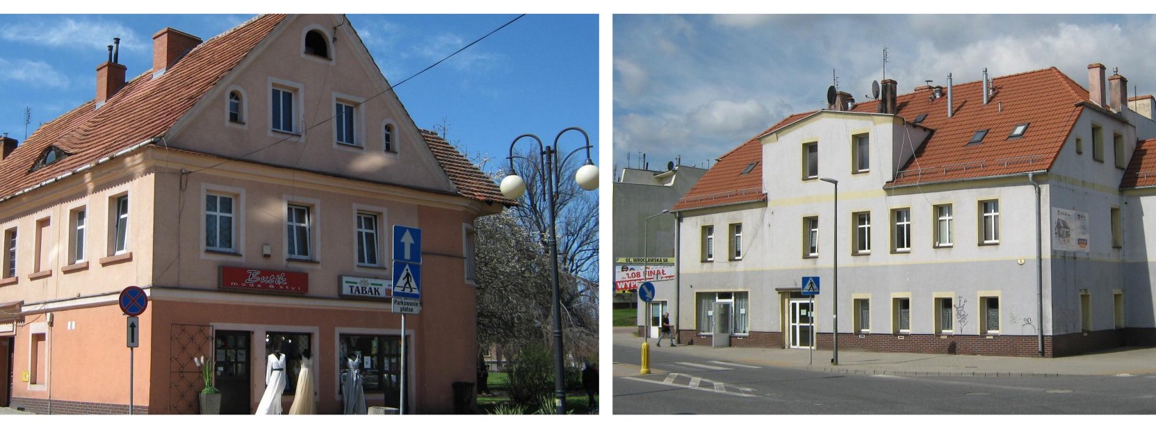 Kolaż czterech zdjęć przedstawiający kamienice