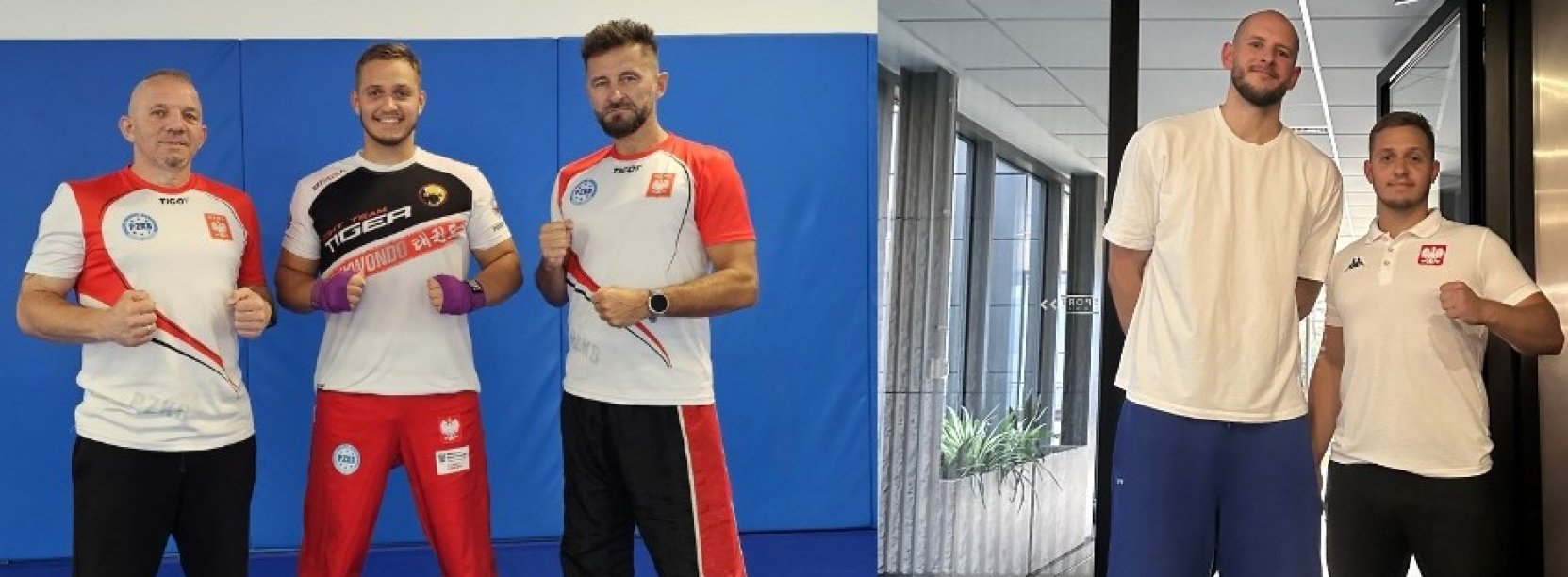 Kolaż dwóch zdjęć Maksa Paleja z trenerami taekwon-do i siatkarzem Bartoszem Kurkiem