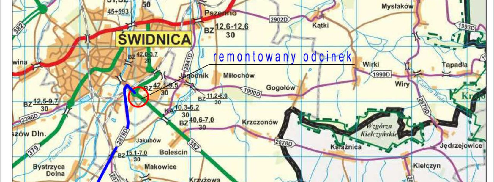Mapa z zaznaczoną droga wojewódzką nr 382 i zakniętym odcinkiem przy wjeździe do Świdnicy