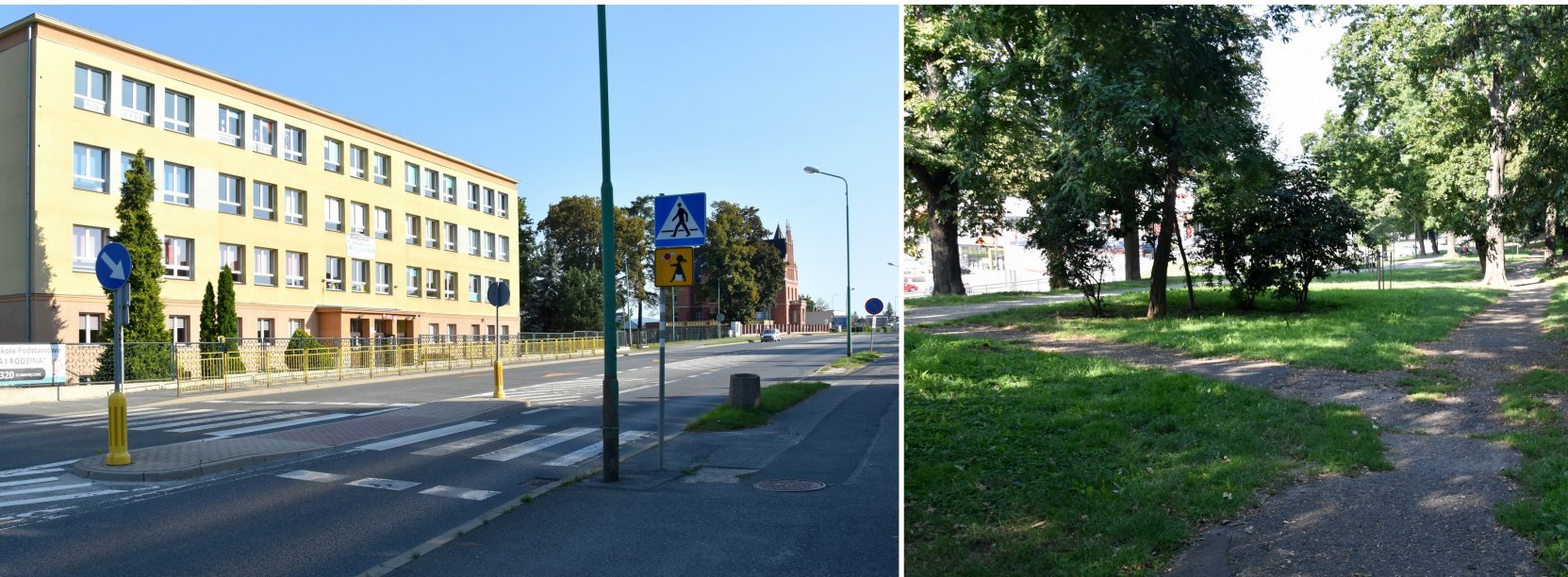 Kolaż czterech zdjęć, na dwóch prejścia dla pieszych, na dwóch pozostałych park i kamienne mury obronne