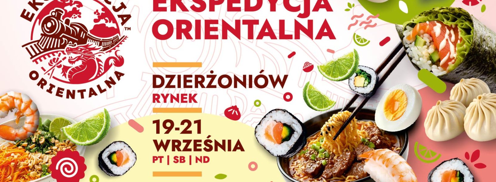 Grafika z napisem ekspedycja orientalna i zdjęciem potraw