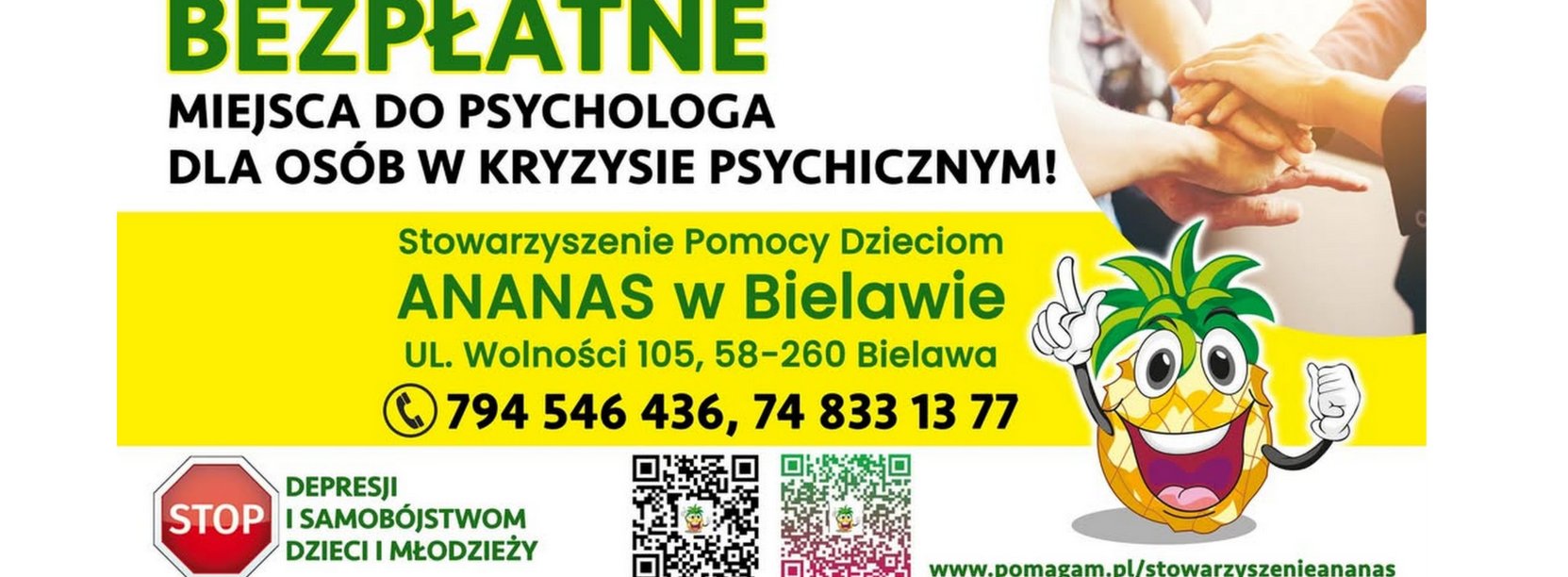 Grafika Stowarzyszenia Ananas z napisem "Bezpłatne miejsca do psychologa dla osób w kryzysie psychicznym"