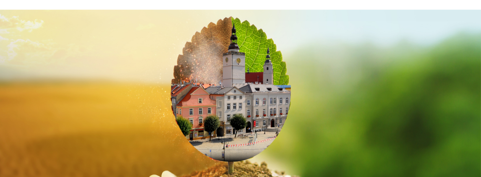 Grafika z dłonią trzymającą ziemię z wyrastającym liściem. Na liściu zdjęcie dzierżoniowskiego ratusza