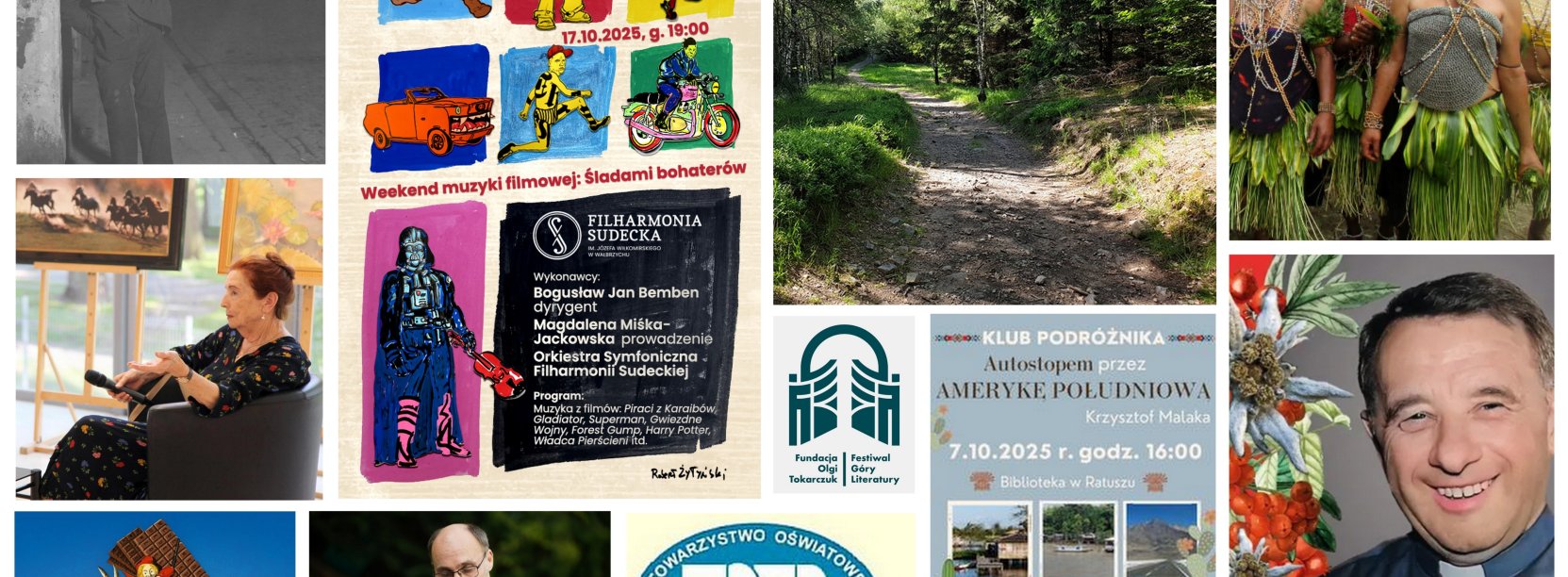 Kolaż zdjęć, plakatów i logotypów związanych z tematami październikowych spotkań Towarzystwa Oświatowego Ziemi Dzierżoniowskiej