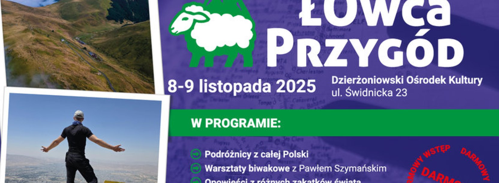 Grafika wycięta z plakatu festiwalu. Po lewej zdjęcia gór, po prawej część programu festiwalu