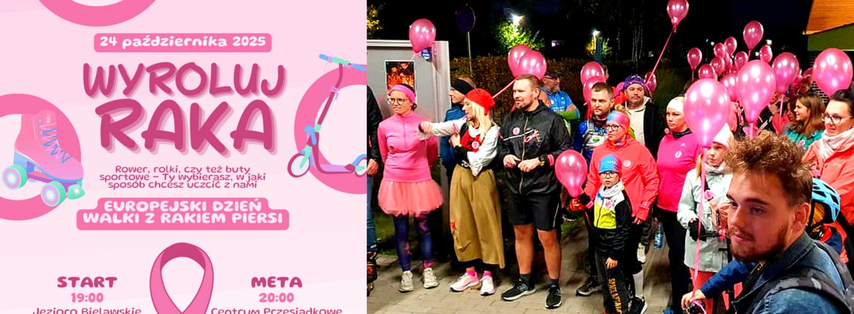 Kolaż z plakatem wydarzenia "Wyroluj raka" i zdjęciem ludzi przed startem ubiegłorocznej imprezy, wielu ma różowe elementy stroju lub różowe balony