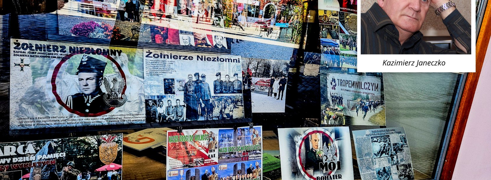 Zdjęcie wystawy w Oknie Artystycznym. Na ekspozycji widoczne fotografie patriotyczne