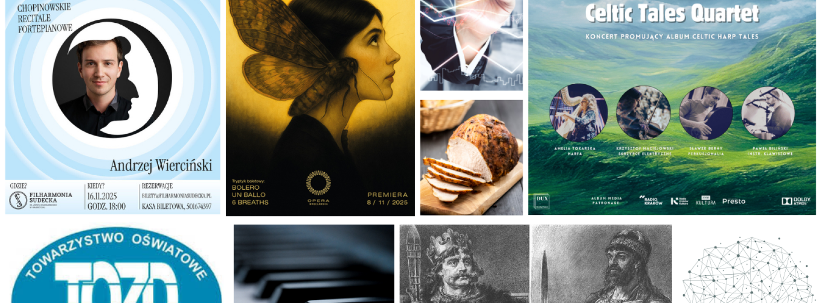 Kolaż zdjęć i plakatów dotyczących listopadowych wydarzeń w Towarzystwie Oświatowym Ziemi Dzierżoniowskiej