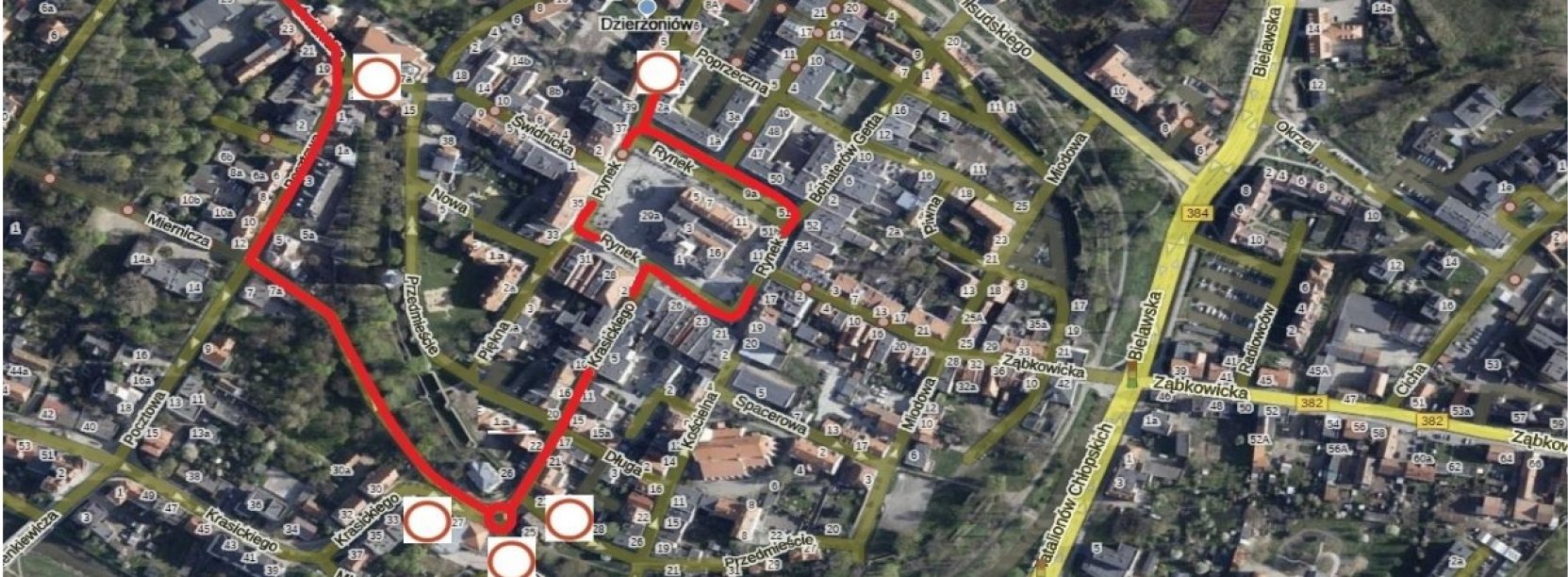 plan miastaDzierzoniowa z zaznaczonymi czerwonym kolorem ulicami, które będa wyłączone z ruchu w związku z Rajdem Wikinga 15 listopada