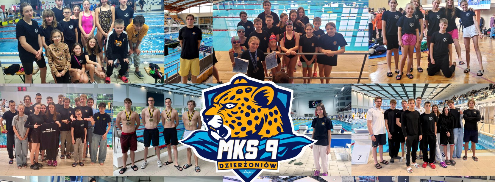 Kolaż zjęć dzierzoniowskich pływak,ów dokumentujący najważniejsze sukcesy sportowe w 2025 , na środku logo kluburoku MKS 9 Dzierżoniów