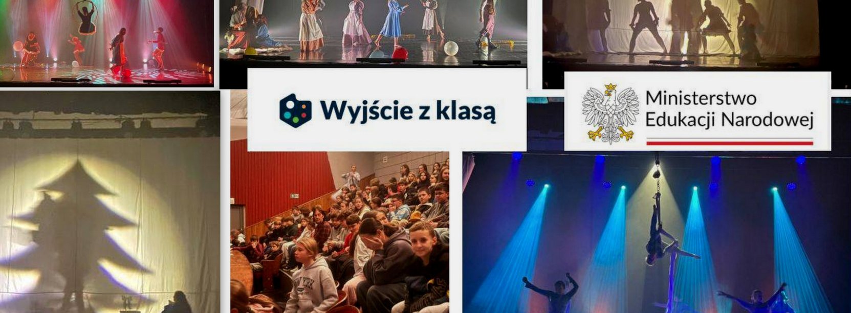 Kolaż zdjęć ze spektakli teatralnych, na zdjęciach scena, oświetlenie, aktorzy